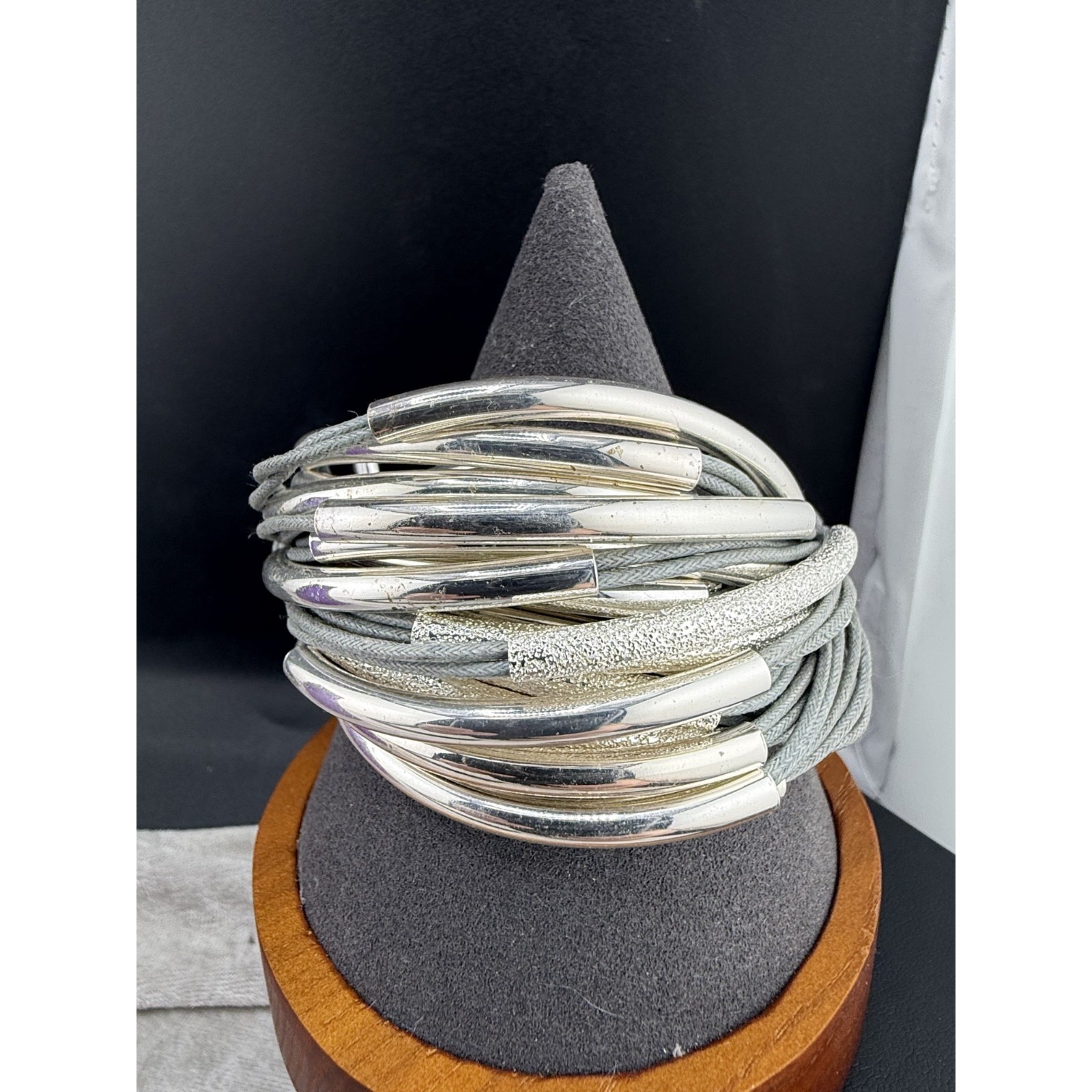 Saachi Gray Rope Bracelet Silver Tone 6.5